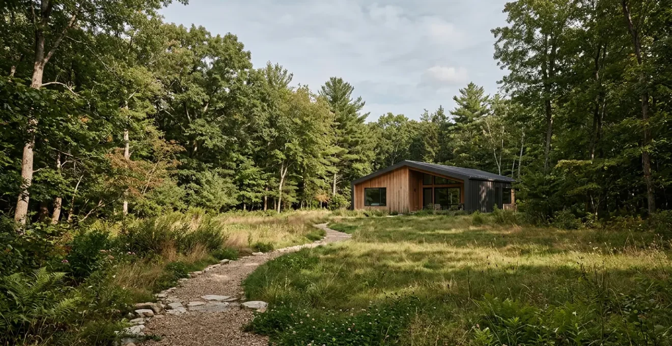 Secluded modern bungalow surrounded by mature trees and natural landscaping in a tranquil resort setting