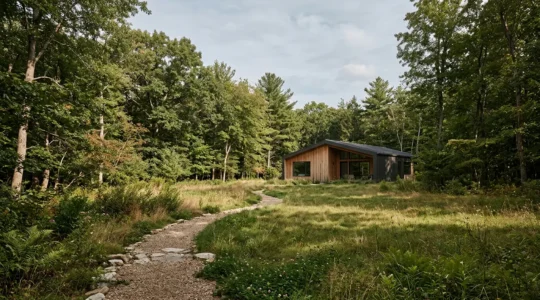 Secluded modern bungalow surrounded by mature trees and natural landscaping in a tranquil resort setting