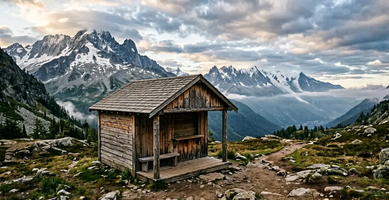 Rustic ranger station with wilderness permit booth set against towering mountain peaks under dramatic sky with ample negative space