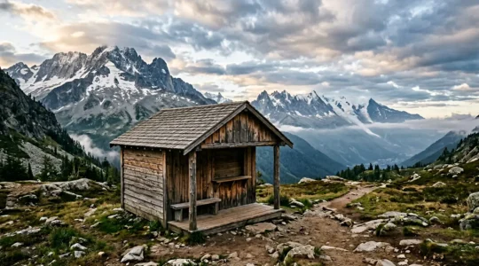 Rustic ranger station with wilderness permit booth set against towering mountain peaks under dramatic sky with ample negative space