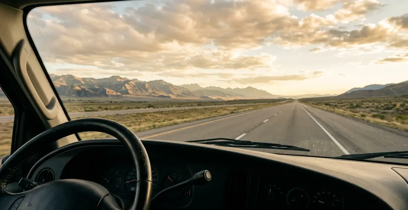 Wide-angle view of an RV interior dashboard overlooking an open highway stretching toward distant mountains at golden hour