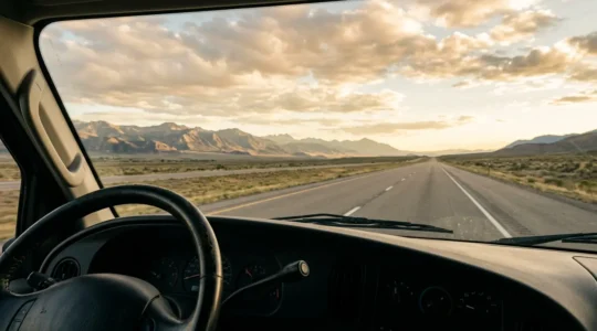 Wide-angle view of an RV interior dashboard overlooking an open highway stretching toward distant mountains at golden hour