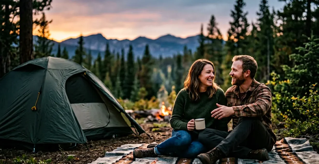 Couple enjoying intimate moment beside tent at dusk with natural landscape