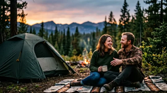 Couple enjoying intimate moment beside tent at dusk with natural landscape