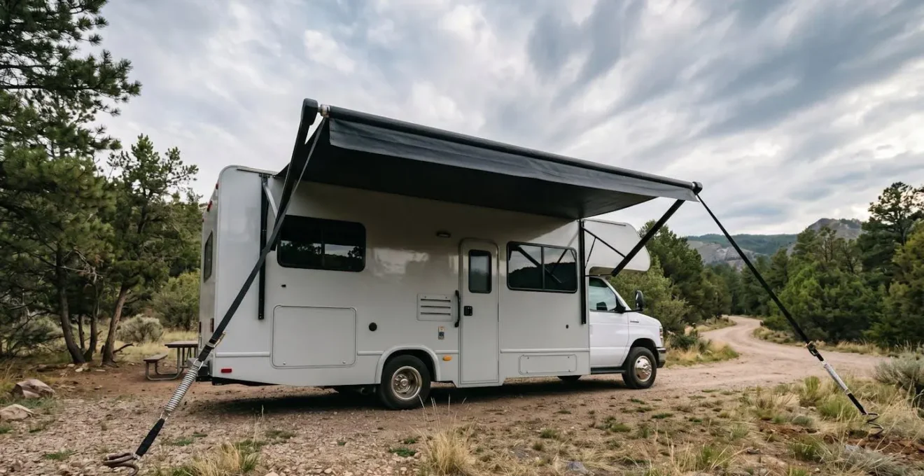 RV awning firmly anchored with tie-down straps and tension springs at a campsite under dynamic sky