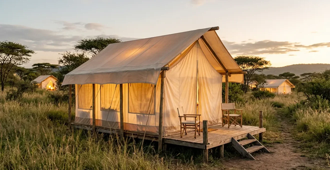 Safari tent canvas walls in natural outdoor setting showing material translucency and proximity between accommodations