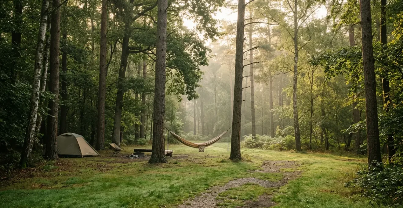 Peaceful adults-only campsite nestled in forest with morning mist and empty hammock