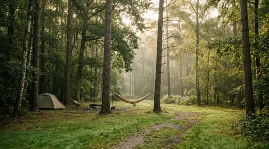 Peaceful adults-only campsite nestled in forest with morning mist and empty hammock