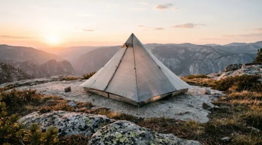 Single-wall ultralight tent pitched in alpine environment showing proper ventilation setup and moisture control techniques