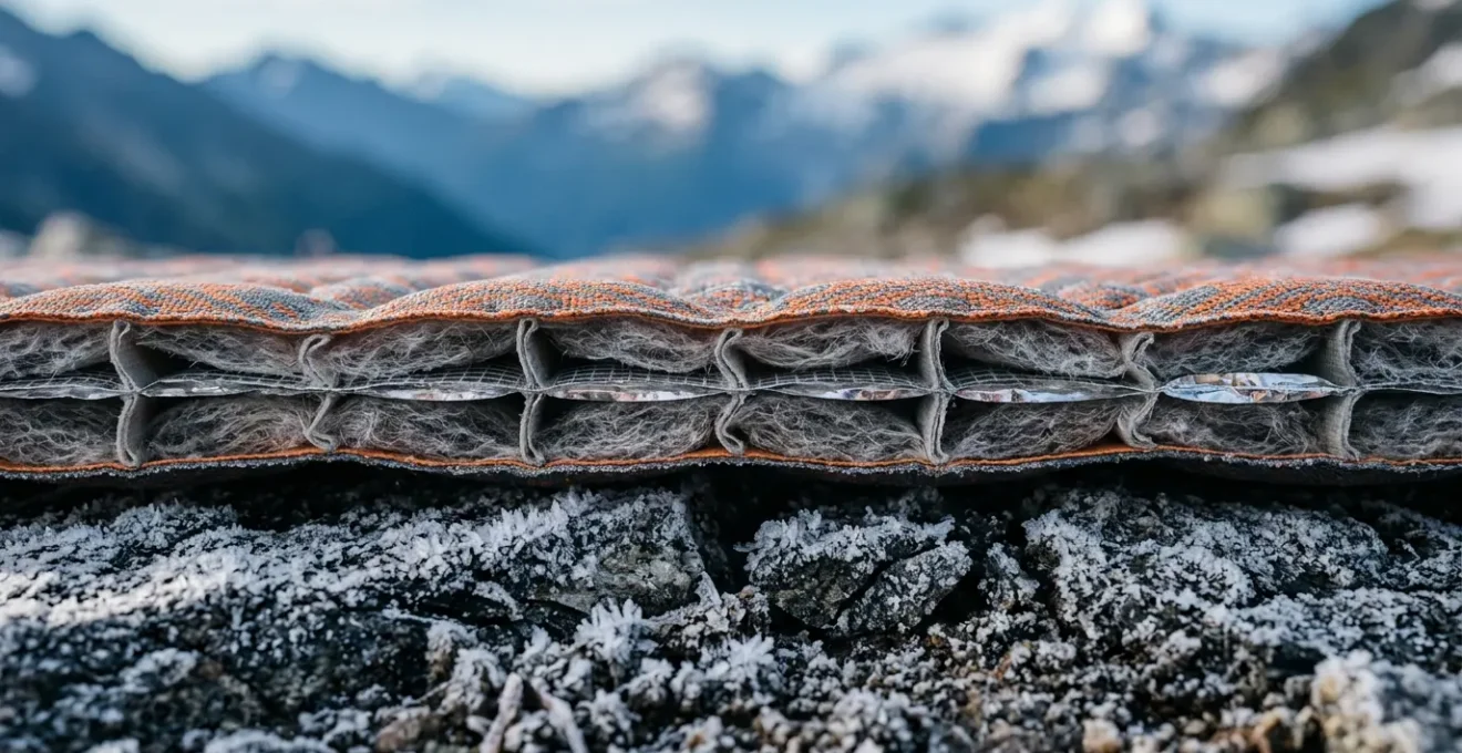 A professional close-up photograph showing insulation dynamics between a sleeping mat and cold mountain ground in camping environment