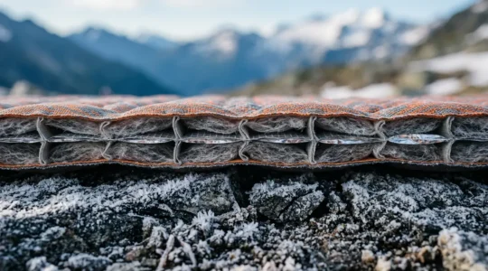 A professional close-up photograph showing insulation dynamics between a sleeping mat and cold mountain ground in camping environment