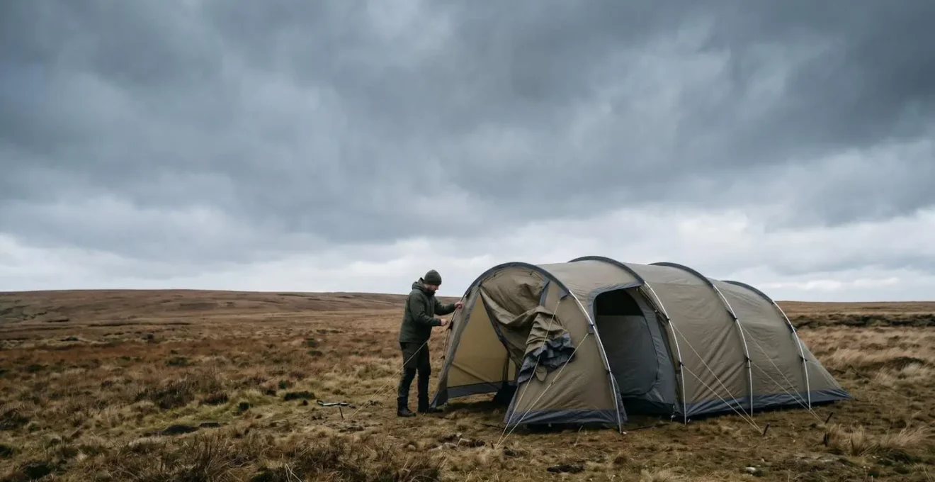 Solo camper erecting a large tunnel tent with arched poles on flat terrain under dramatic sky