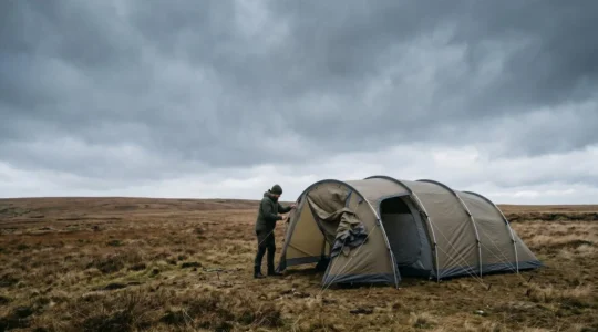 Solo camper erecting a large tunnel tent with arched poles on flat terrain under dramatic sky
