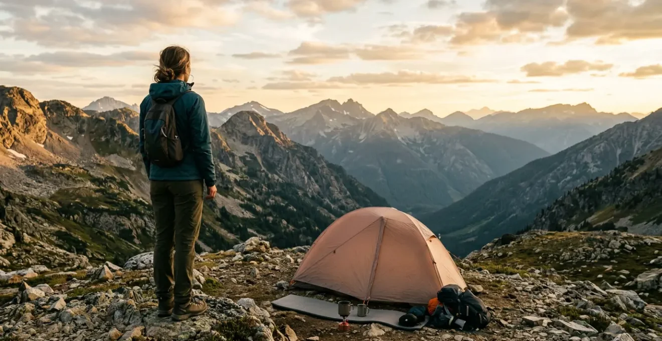 Solo female camper standing confidently at mountain campsite during golden hour, overlooking wilderness landscape