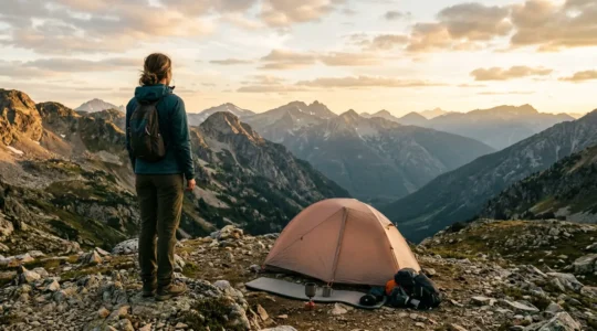 Solo female camper standing confidently at mountain campsite during golden hour, overlooking wilderness landscape
