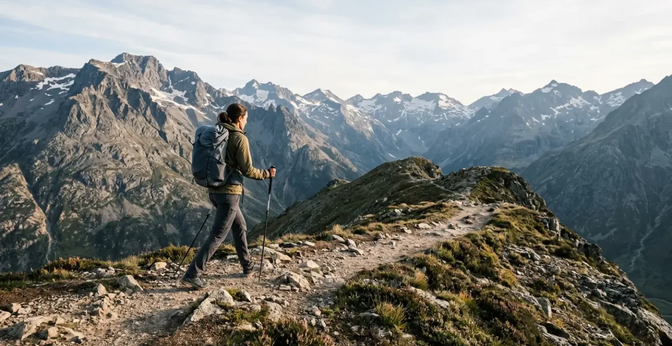 Backpacker with streamlined gear hiking on mountain trail with expansive negative space