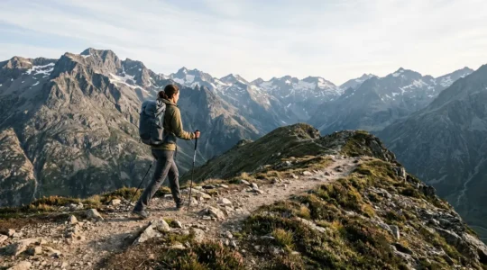 Backpacker with streamlined gear hiking on mountain trail with expansive negative space