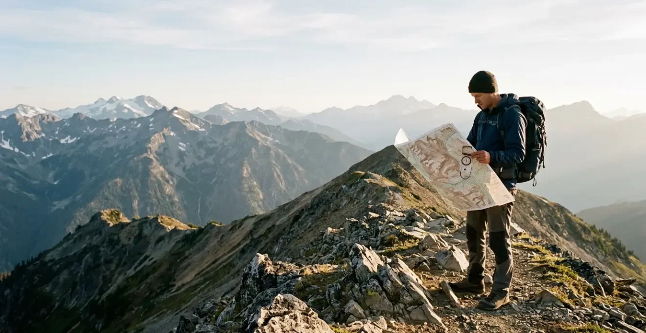 Hiker reading paper topographic map on mountain ridge with compass