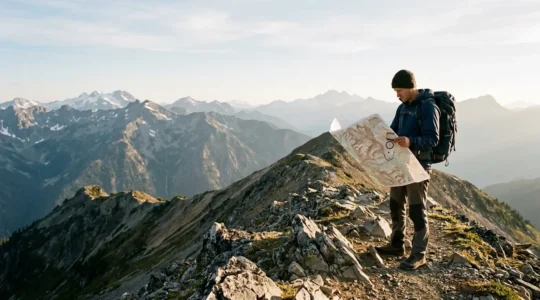 Hiker reading paper topographic map on mountain ridge with compass