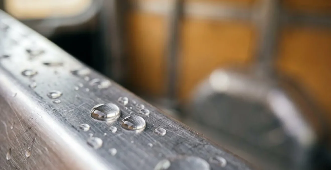 Condensation droplets on van metal interior surface showing moisture management challenge