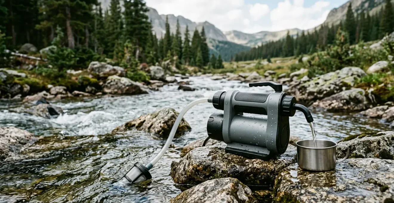Close-up of water purification system beside a pristine wilderness stream with selective focus