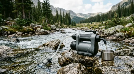 Close-up of water purification system beside a pristine wilderness stream with selective focus