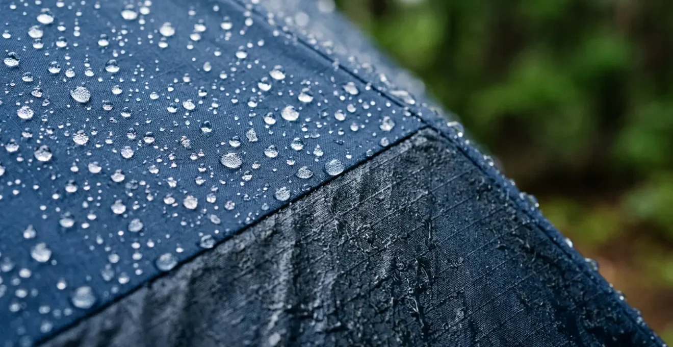 Detailed view of water droplets beading and failing on outdoor jacket fabric during heavy rain