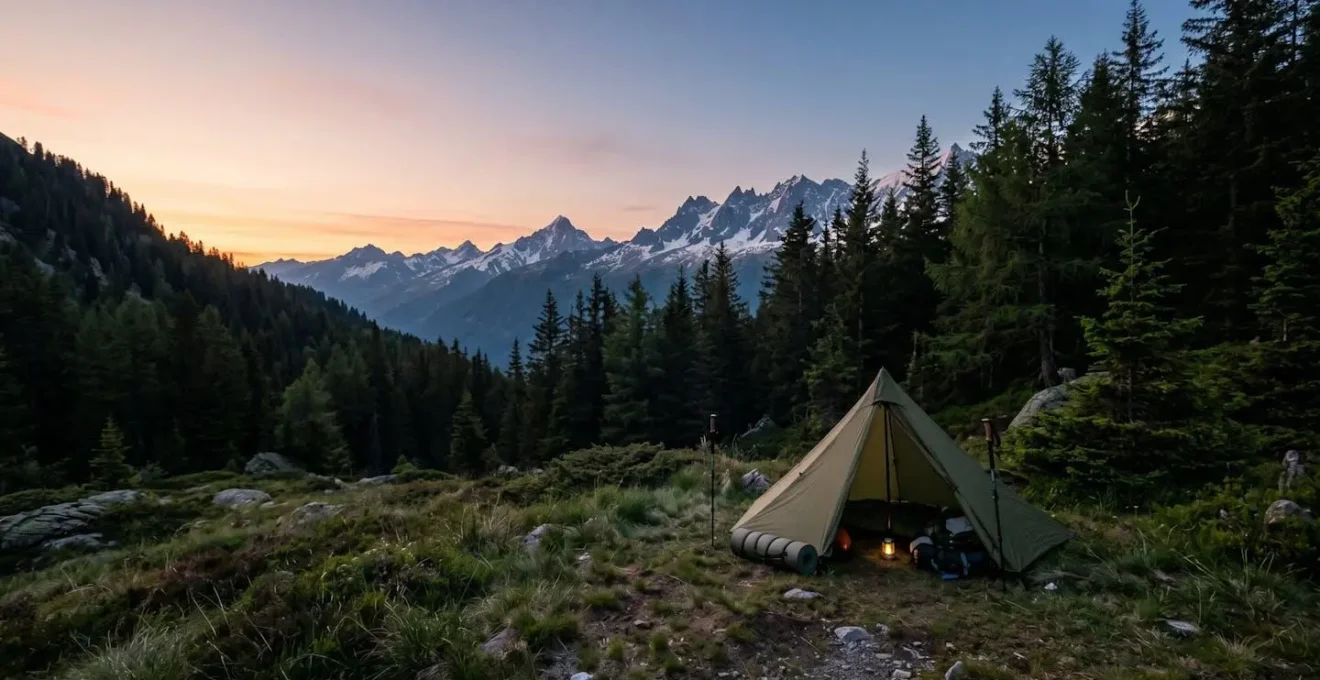 Stealth camping setup in European mountains during twilight with low-profile shelter blending into forest terrain