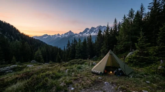 Stealth camping setup in European mountains during twilight with low-profile shelter blending into forest terrain