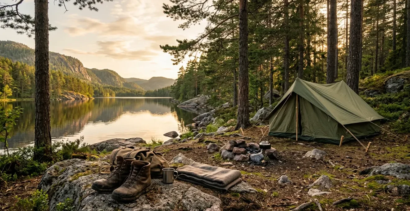 Peaceful camping scene showing connection between nature and personal wellbeing in outdoor setting