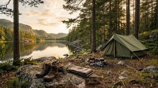 Peaceful camping scene showing connection between nature and personal wellbeing in outdoor setting