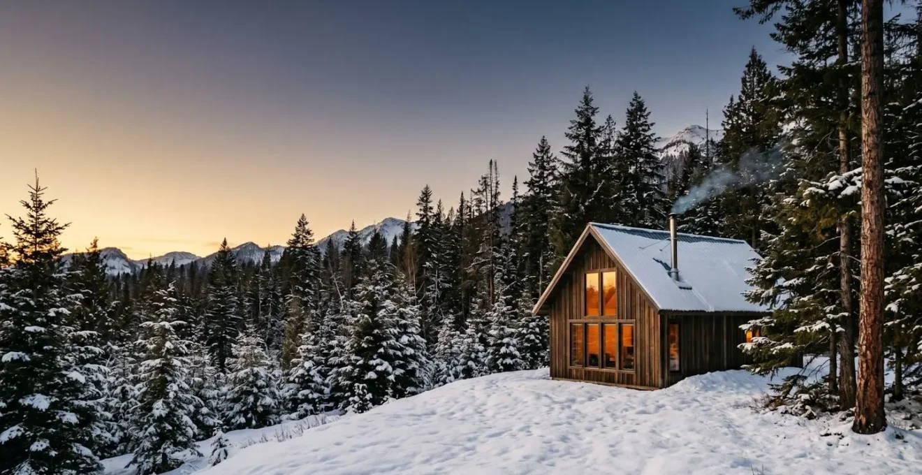 Rustic winter cabin with snow-covered roof and visible windows at golden hour