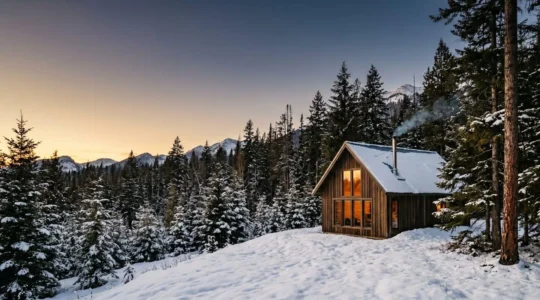 Rustic winter cabin with snow-covered roof and visible windows at golden hour