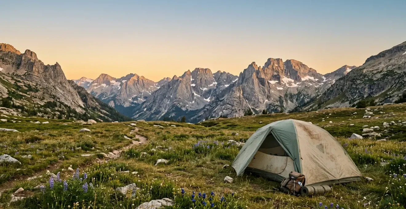 Strategic camping site selection between mountain ranges showcasing reservation planning