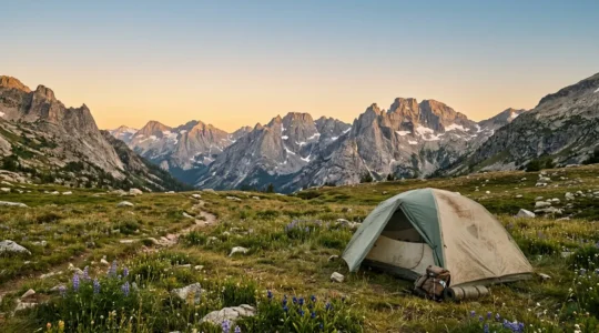 Strategic camping site selection between mountain ranges showcasing reservation planning
