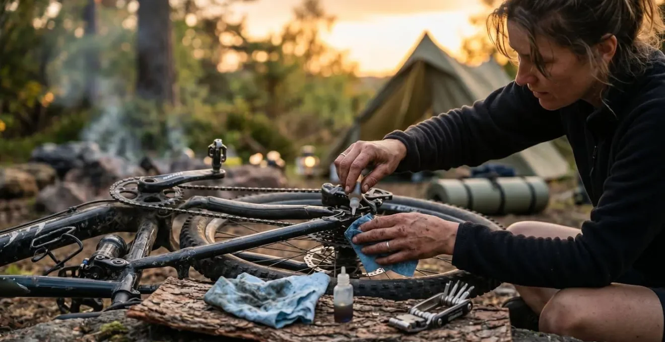 Mountain bike chain being cleaned and lubricated at evening campsite with maintenance tools and sunset lighting