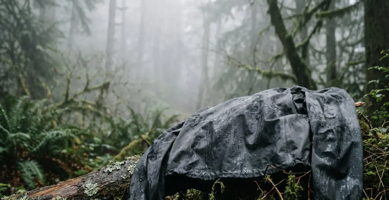 Environmental minimalist wide-angle photograph showing water droplets saturating technical fabric surface in humid forest atmosphere