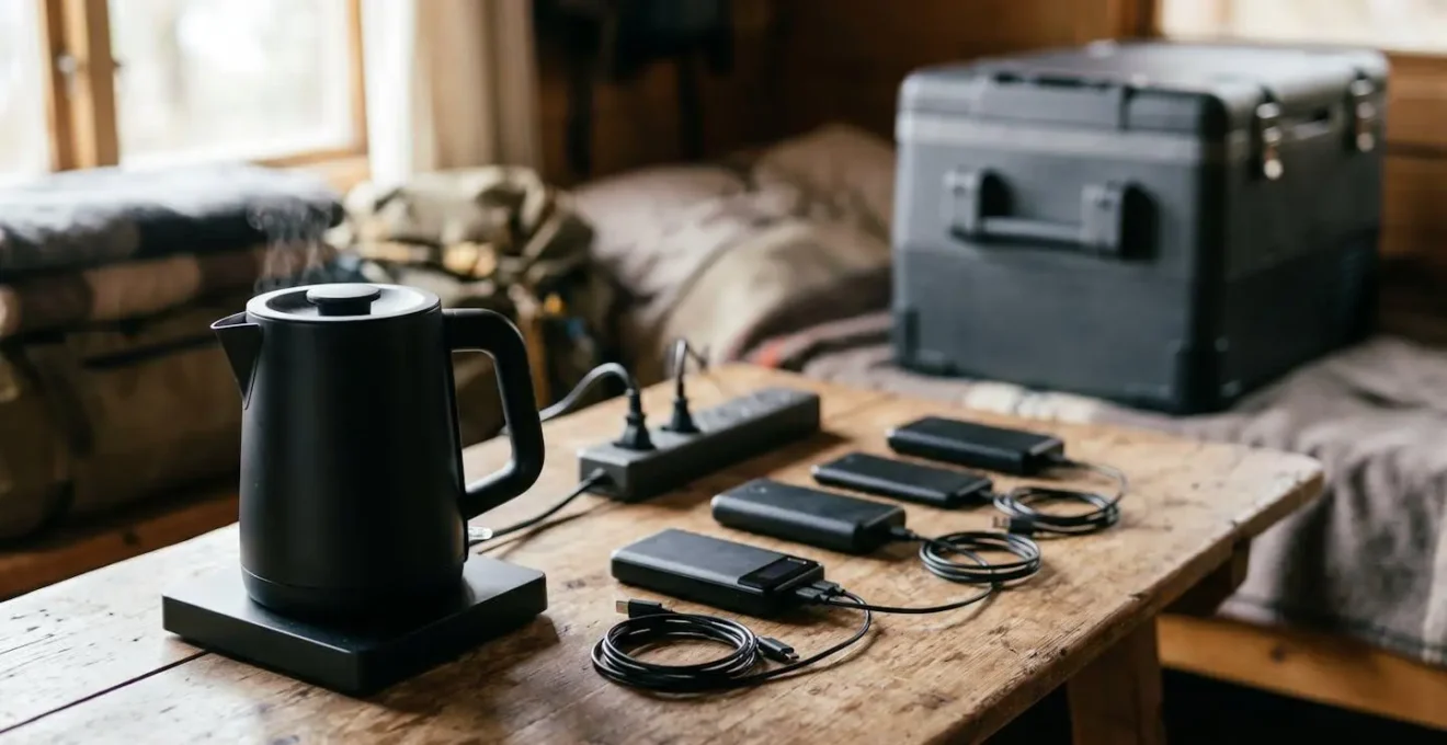 Organized camping electrical devices on wooden surface showing power prioritization concept