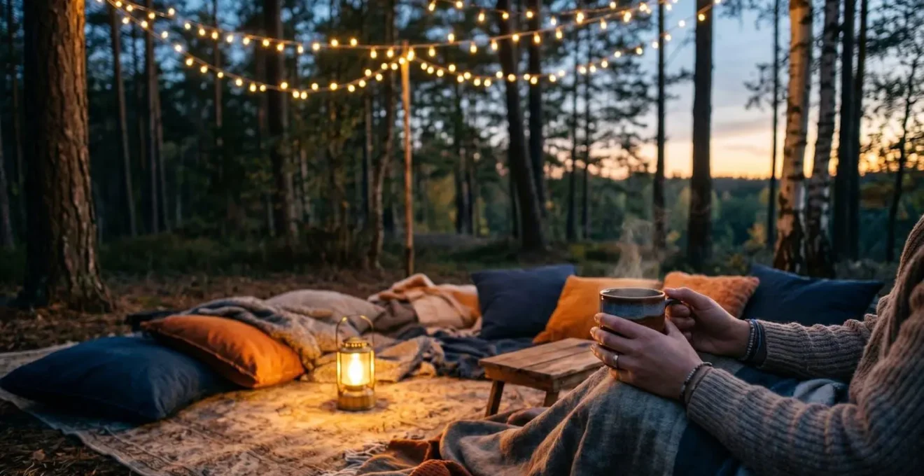 Warm atmospheric lighting creating a living room ambiance at a campsite during evening
