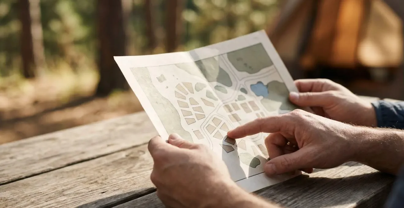 Close-up of hands examining campsite map showing pitch spacing and quiet zones
