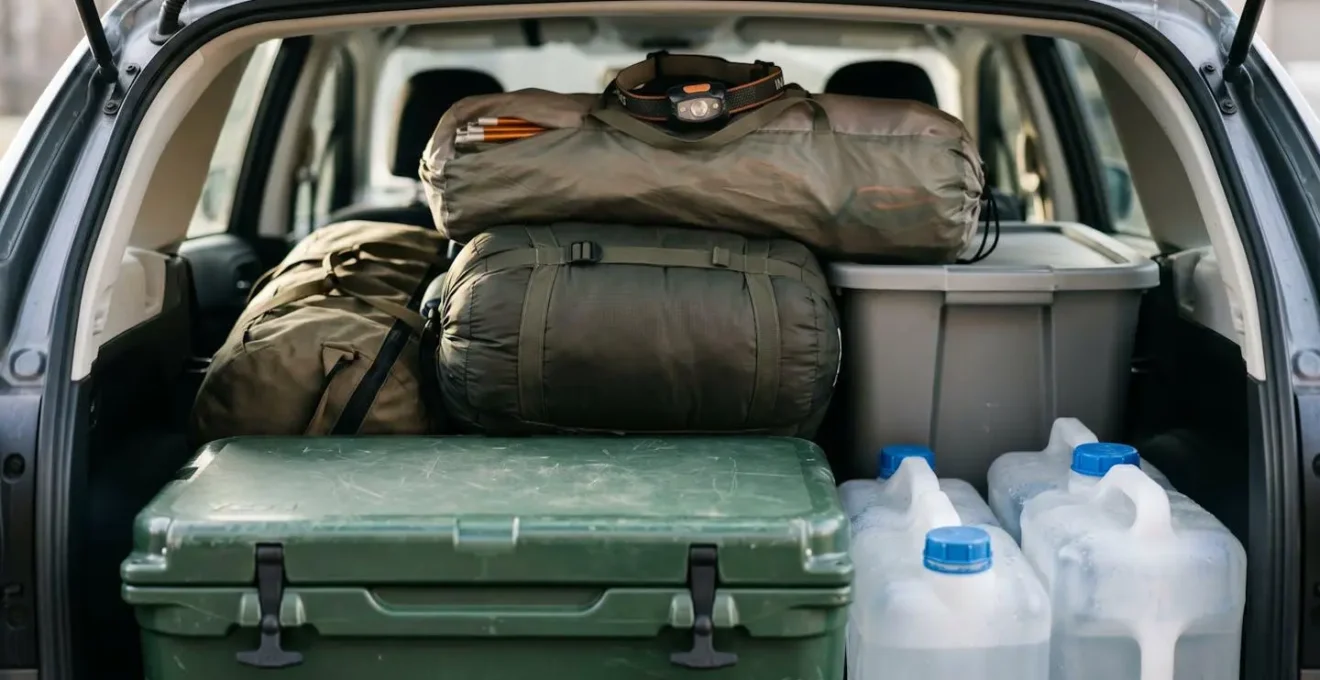 Strategic vehicle packing showing heavy items on bottom and accessible essentials on top