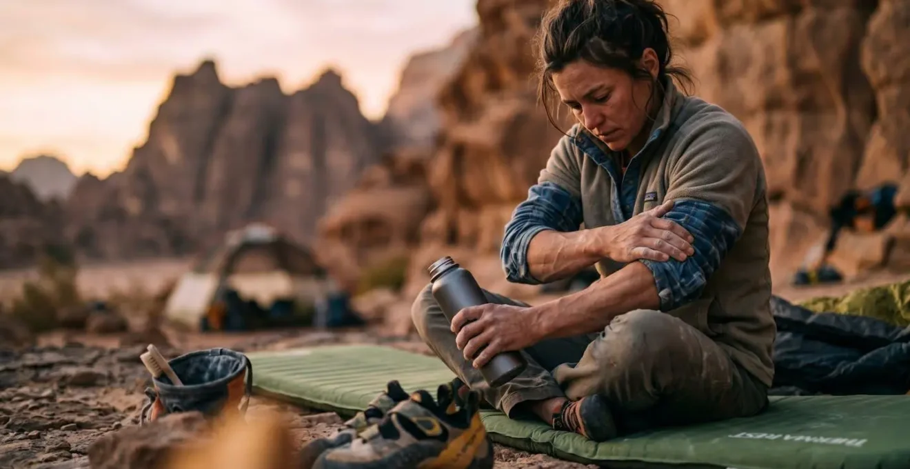 Climber performing self-massage on forearms using water bottle at campsite
