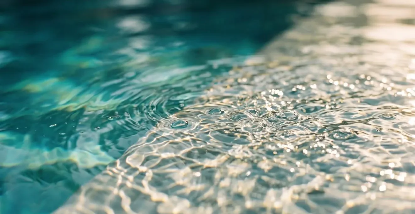 Crystal clear pool water with subtle ripples at a tranquil naturist resort, suggesting a refreshing swim.