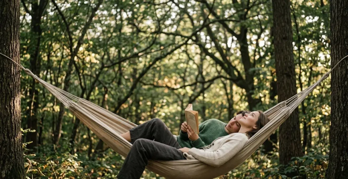 Couple peacefully resting together in hammock surrounded by forest, embodying passive connection time