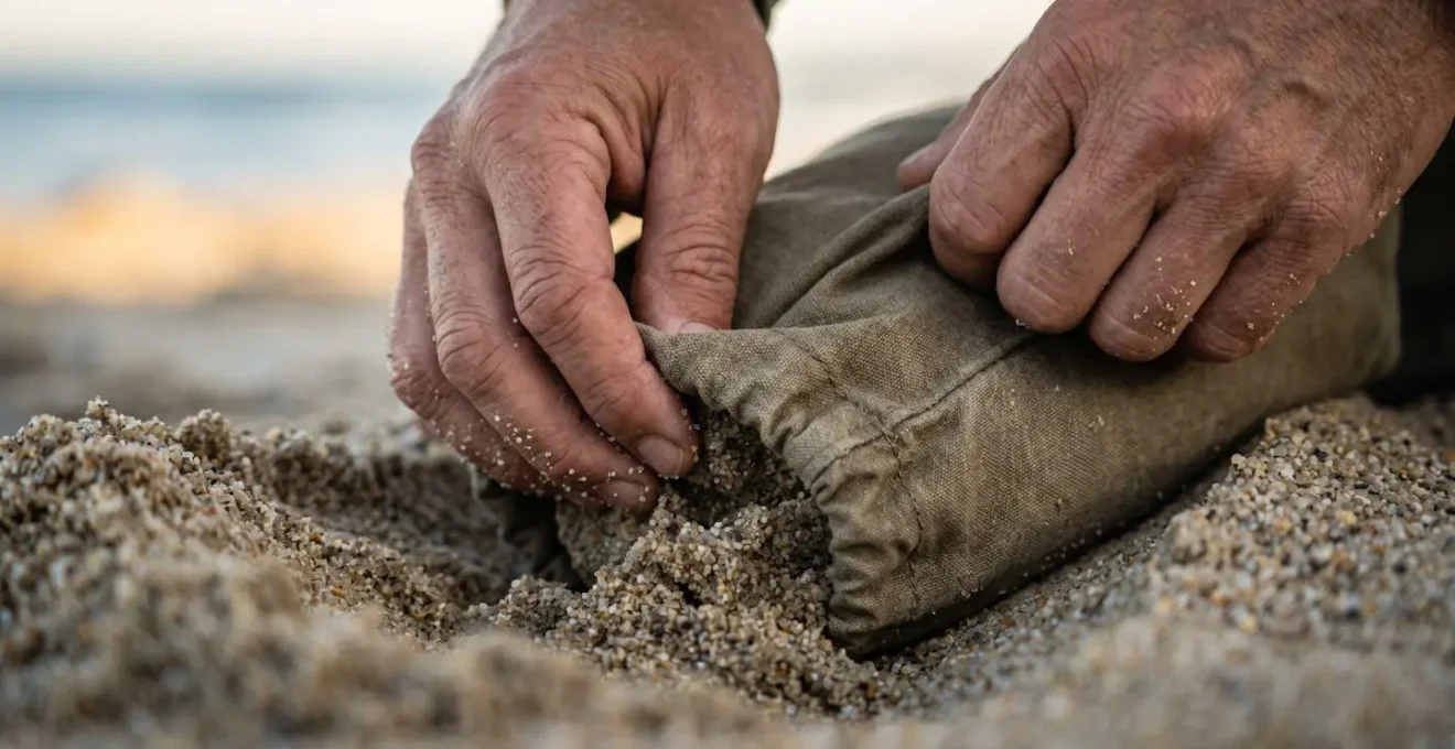 Macro close-up of hands burying fabric stuff sack filled with sand as deadman anchor for tent