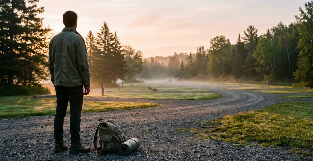 Dawn campground scene showing strategic site selection timing and positioning