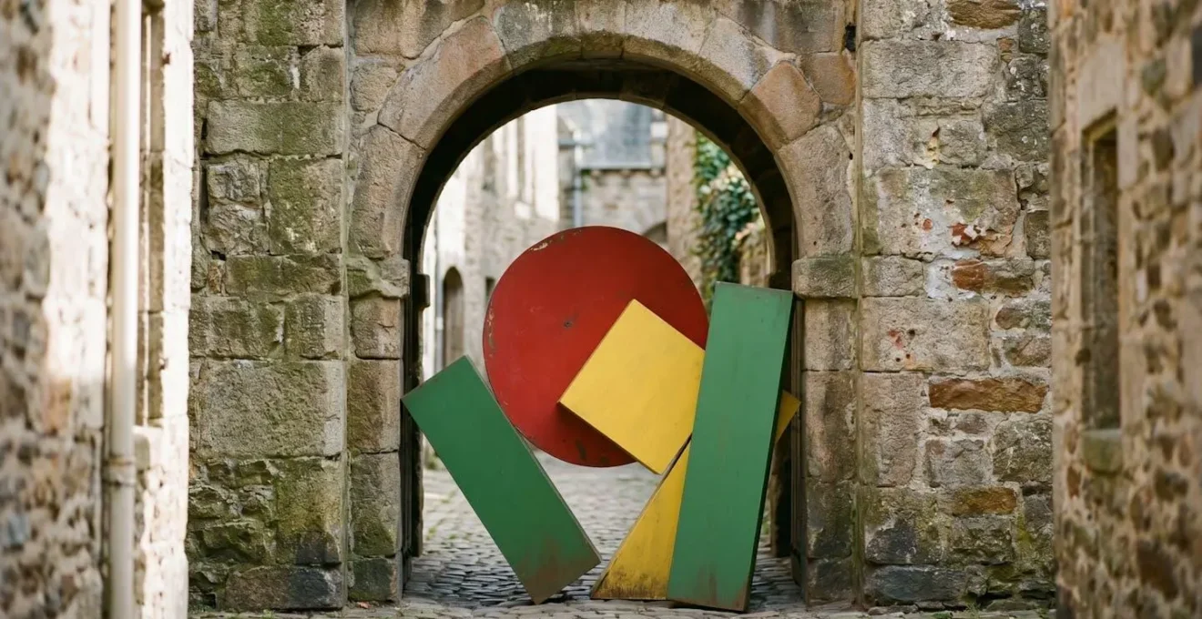 Abstract representation of European traffic restriction signage at city entrance with symbolic warning elements