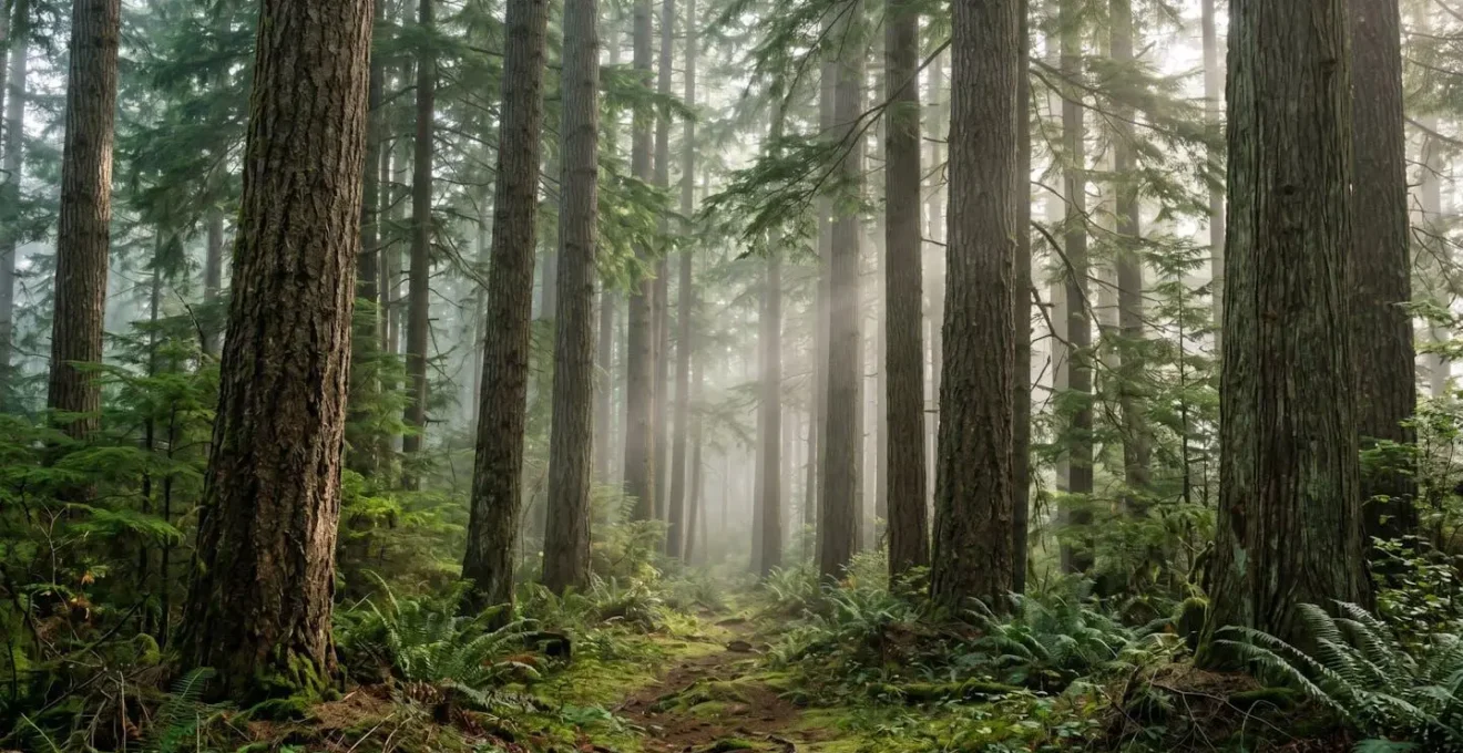 Wide atmospheric forest scene capturing the natural environment where phytoncides are released