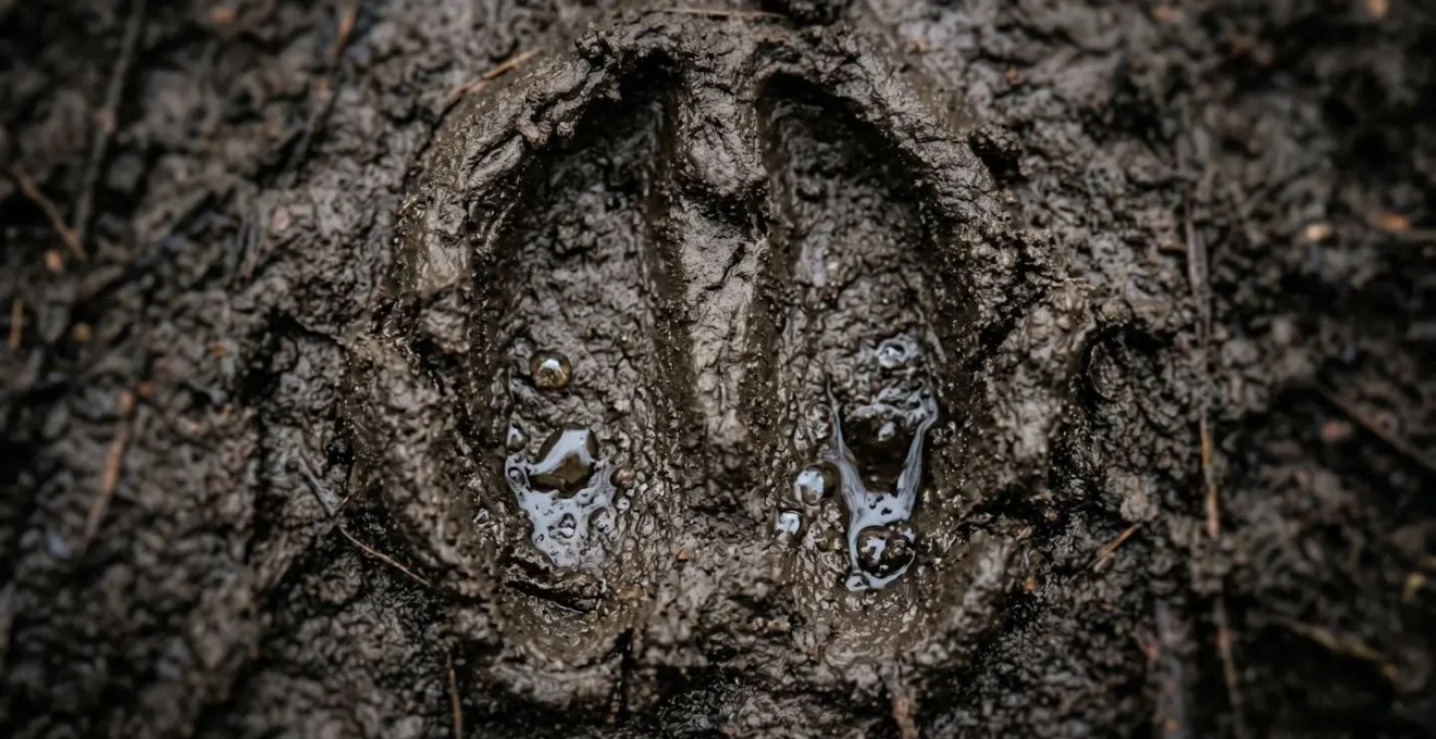 Close-up macro view of fresh deer tracks in wet mud showing depth pressure and gait pattern details