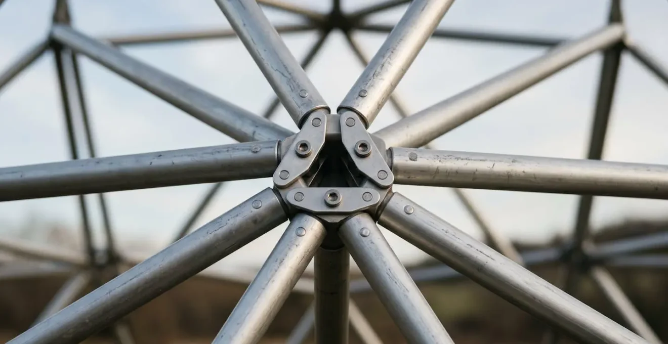 Symbolic representation of geodesic tent pole structure showing triangulated framework design